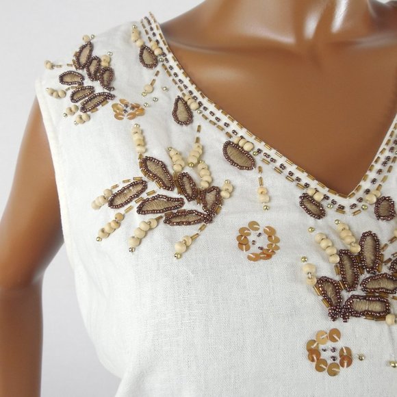 ANNE CARSON Top 2X Linen Blouse Ivory V-Neck Brown Embroidery Leaves Wood Beads - Picture 5 of 10